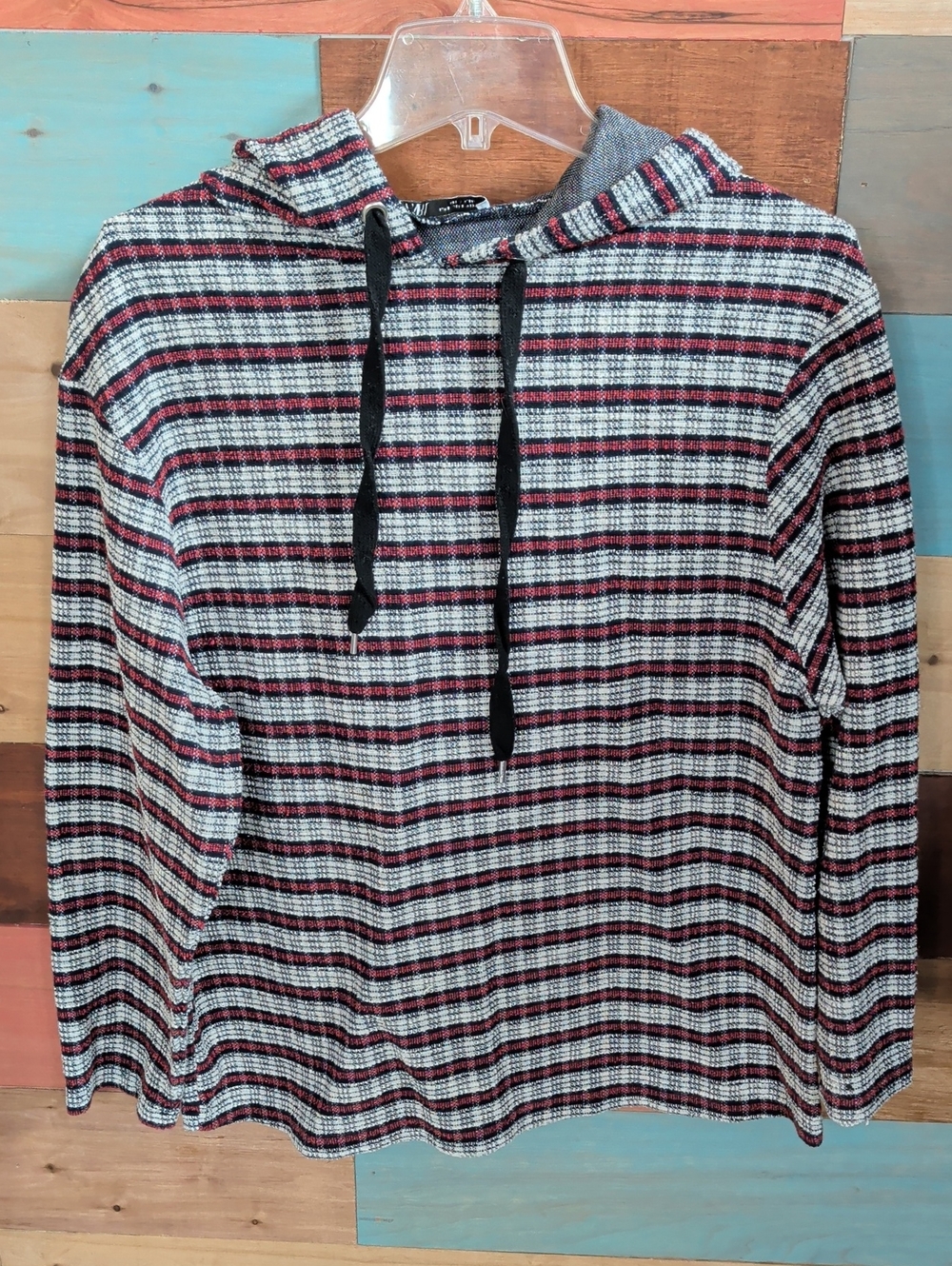 Zara Black White and Burgundy Striped Hooded Knit Top